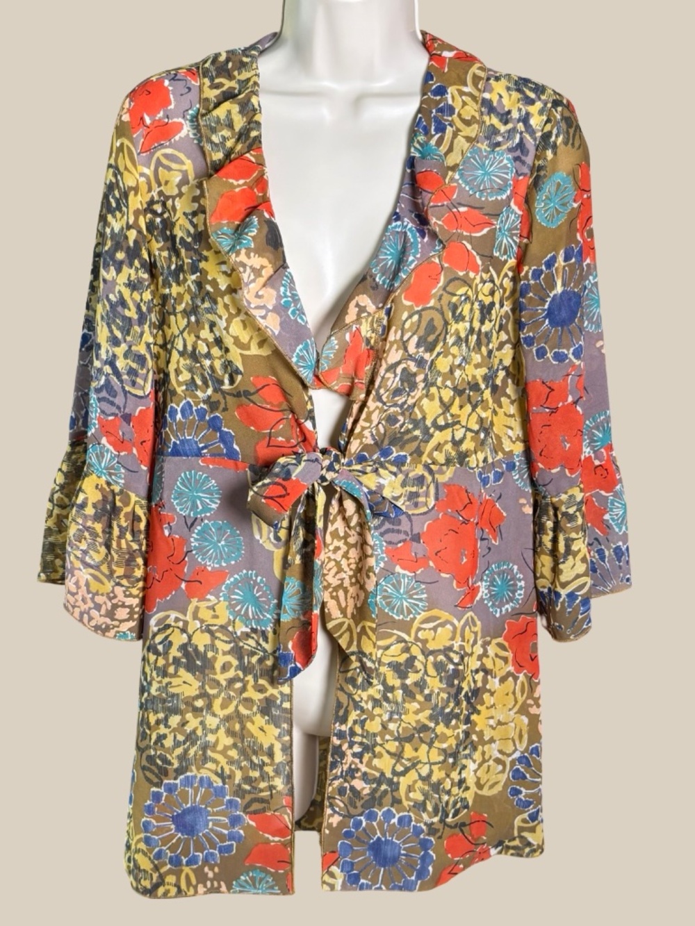 CAbi Shakespeare Tie Front Tunic Blouse Ruffle Sheer Floral Kimono Boho Fairy S